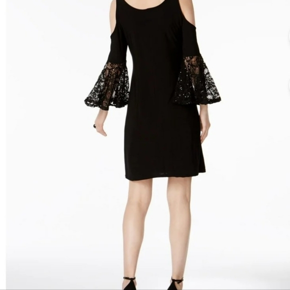 NWT R & M Black cold Shoulder Cocktail Dress with Black Bell Sleeves Size 16 - Picture 1 of 6